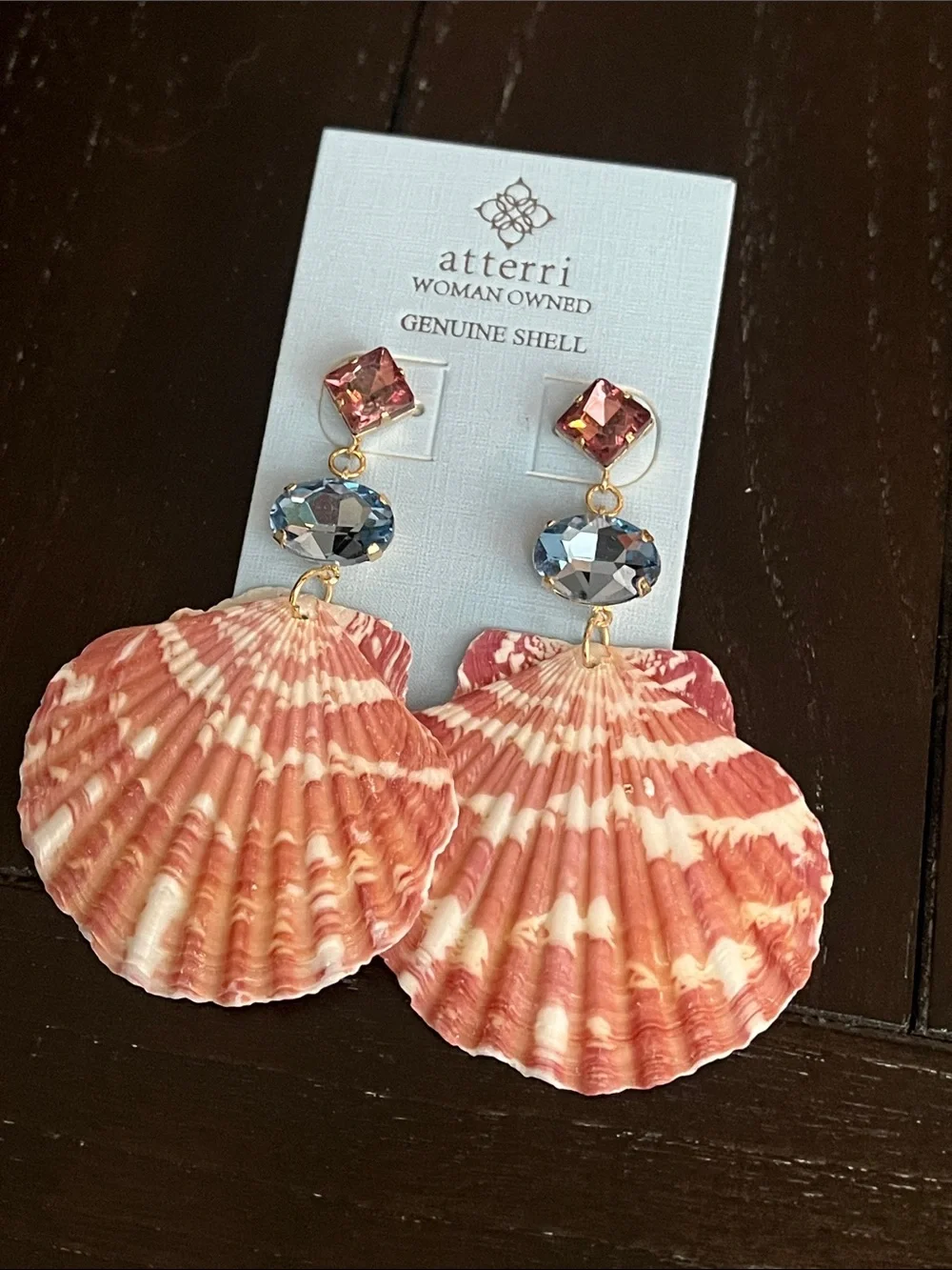 Atterri Pink Shell Drop Earrings with Blue Crystal Accents